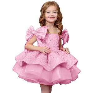 Pageant dress Sparkly Sequin bow detail pink off shoulder Size 3 toddler girl